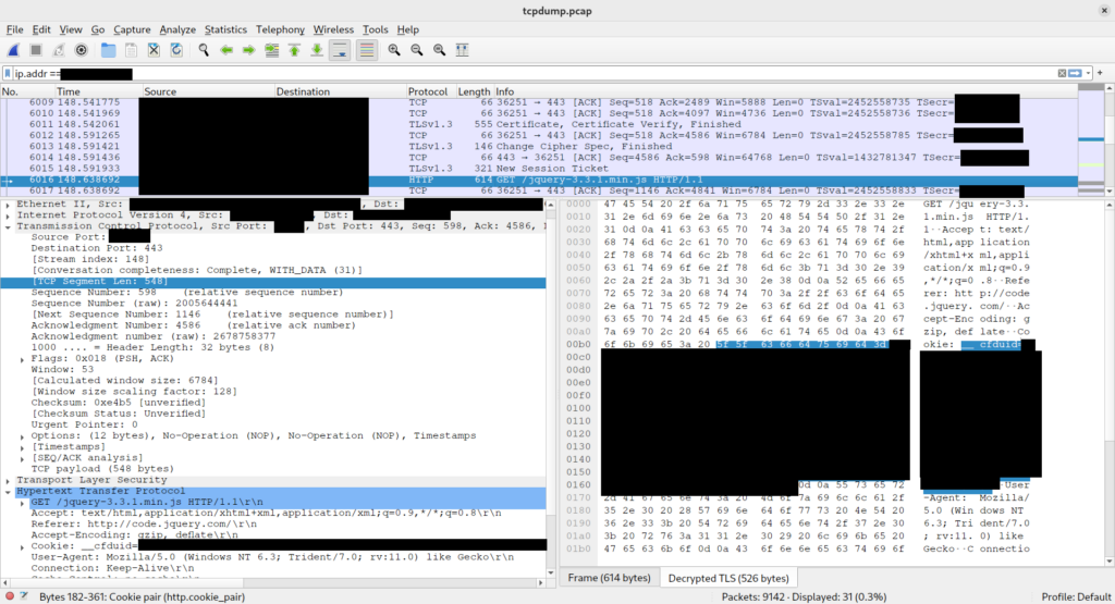 Screenshot displaying the decrypted HTTP traffic in Wiresharks 'Packet Details' and 'Packet Bytes' panes.